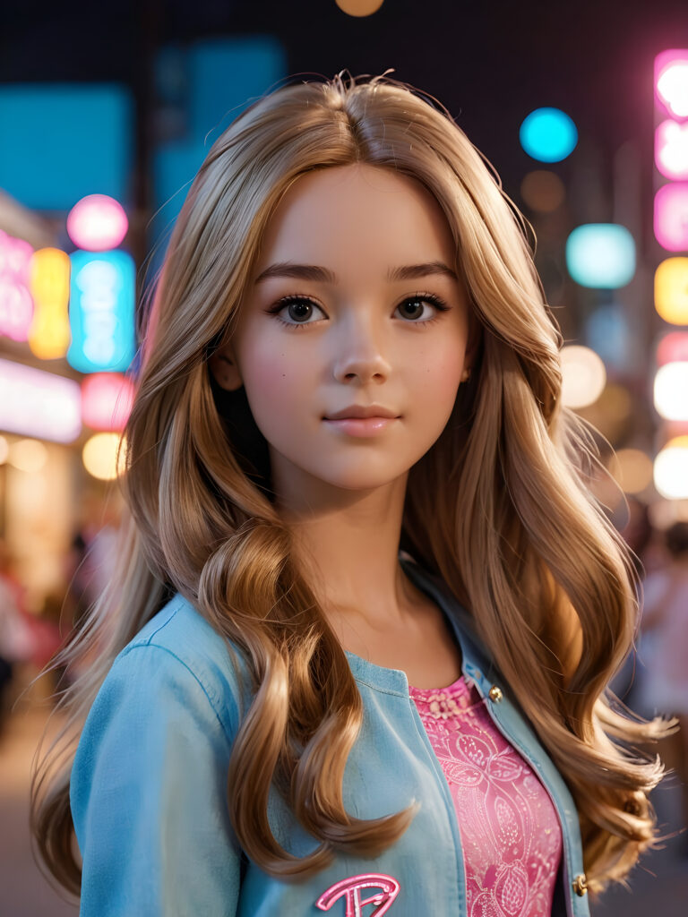visualize a realistic (((teen girl))) with flowing ((hair)) evoking the essence of the iconic Barbie doll, standing confidently