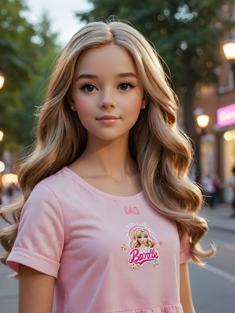 visualize a realistic (((teen girl))) with flowing ((hair)) evoking the essence of the iconic Barbie doll, standing confidently