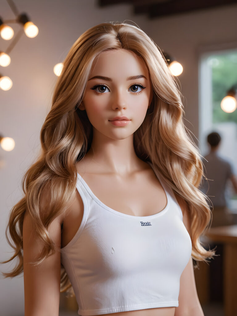 visualize a realistic (((teen girl))) with flowing ((hair)) looks like barbie, standing confidently, wears a white crop top