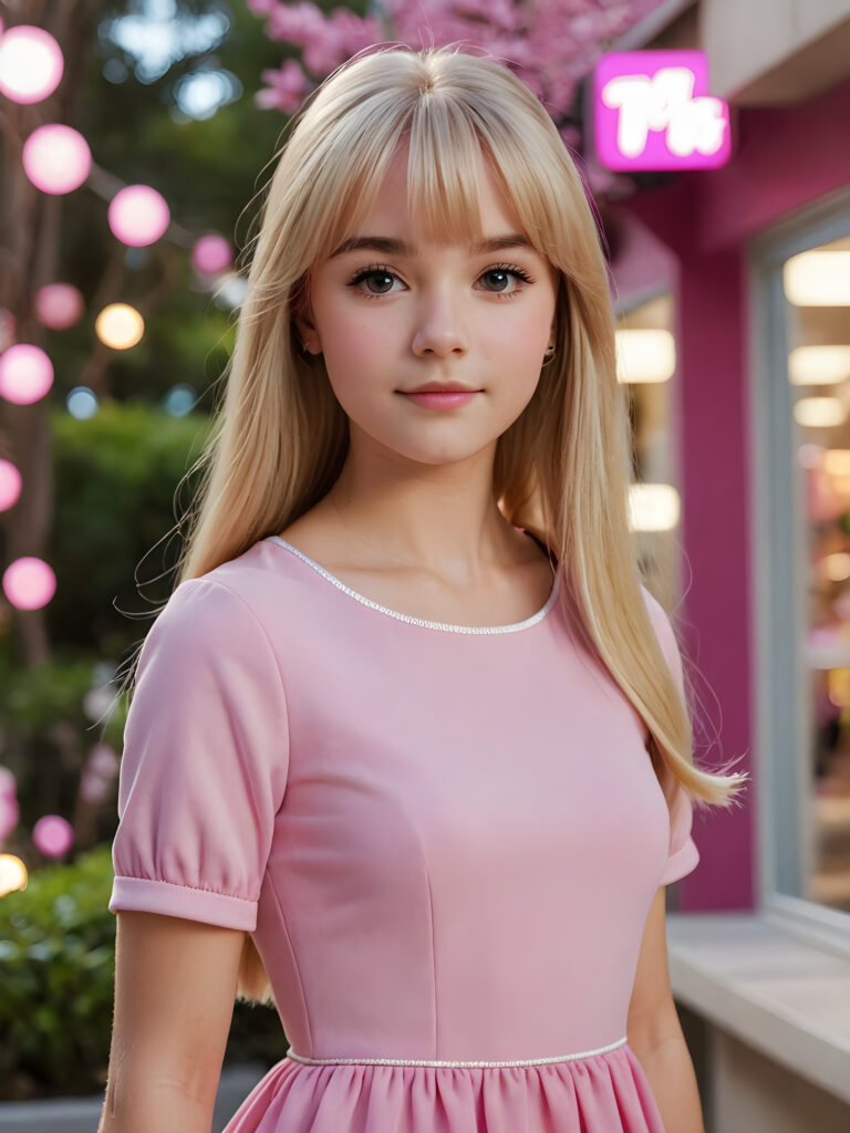 visualize a realistic (((teen girl))) with straight blond hair, bangs cut, looks like barbie, standing confidently, ((pink thin dressed))
