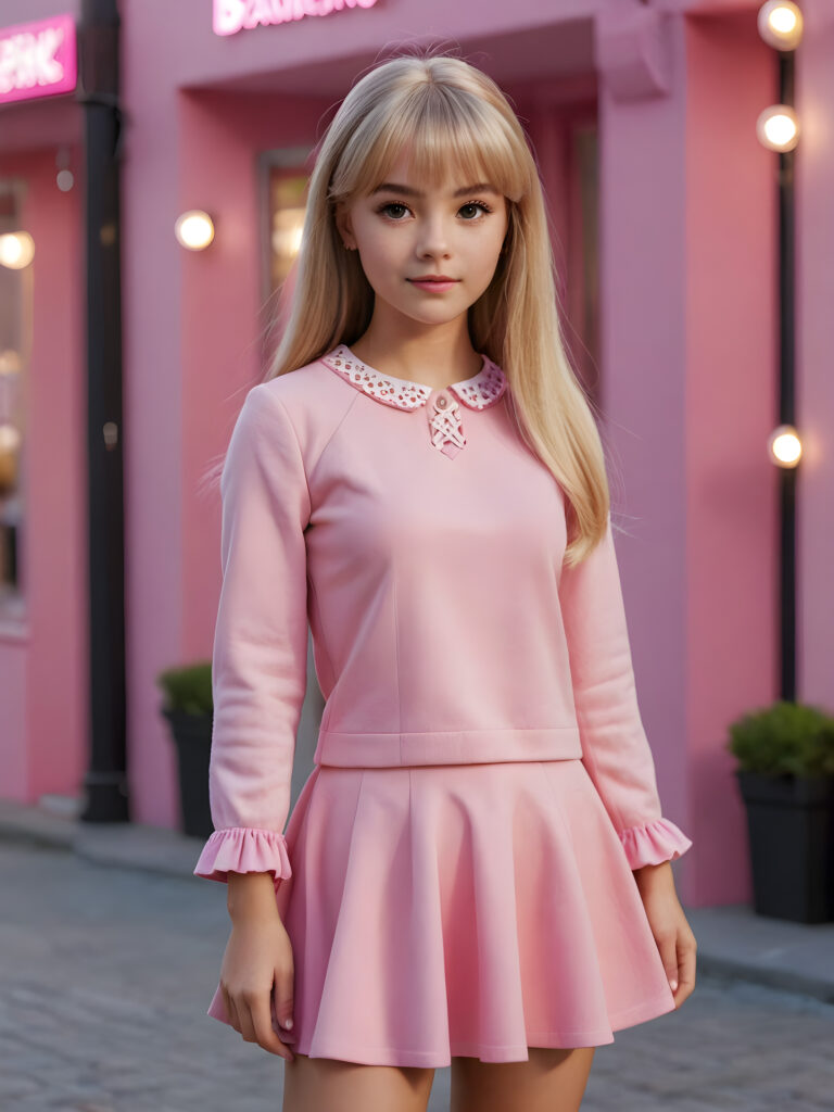 visualize a realistic (((teen girl))) with straight blond hair, bangs cut, looks like barbie, standing confidently, ((pink thin dressed))