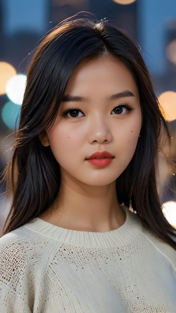 visualize a stunning young Asian teen girl, 17 years old, with silky curved layers of vivid black soft straight hair framing her face. Her seriously sensual face is dramatically contrasted by full, dramatically lipsticked lips set against a broodingly atmospheric backdrop. Her features are captured in intense detail, with ombré shadow and highlights drawing the eye, wearing a sleek white thin wool sweater that complements her perfectly curved body