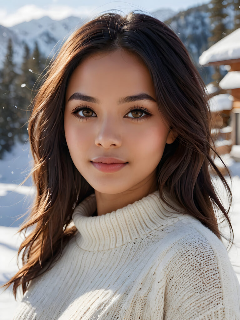 visualize a stunningly realistic photo: a exotic young light brown-skinned woman with flawlessly soft, glossy hair with subtle layering and vivid obsidian black straight hair framing her face. Her expression is seriously sensual with dramatically contrasting, full natural lips and a warm smile, with light brown eyes set against a broodingly atmospheric snow backdrop. Her features are captured in intense detail, with ombré shadow and highlights drawing the eye, she wears a white, finely knitted wool sweater that emphasizes her perfectly shaped body from a side view, capturing an unforgettably elegant upper body shot