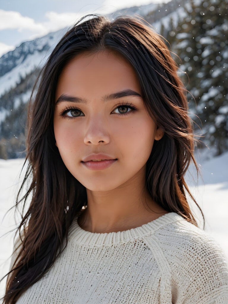 visualize a stunningly realistic photo: a young Indigenous teenage girl with flawlessly soft, glossy hair with subtle layering and vivid obsidian black straight hair framing her face. Her expression is seriously sensual with dramatically contrasting, full natural lips and a warm smile, with light brown eyes set against a broodingly atmospheric snow backdrop. Her features are captured in intense detail, with ombré shadow and highlights drawing the eye, she wears a white, finely knitted wool sweater that emphasizes her perfectly shaped body from a side view, capturing an unforgettably elegant upper body shot