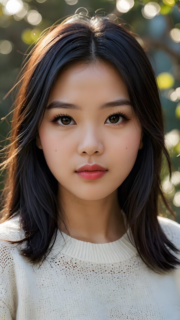 visualize a stunning young Asian teen girl, 17 years old, with silky curved layers of vivid black soft straight hair framing her face. Her seriously sensual face is dramatically contrasted by full, dramatically lipsticked lips set against a broodingly atmospheric backdrop. Her features are captured in intense detail, with ombré shadow and highlights drawing the eye, wearing a sleek white thin wool sweater that complements her perfectly curved body