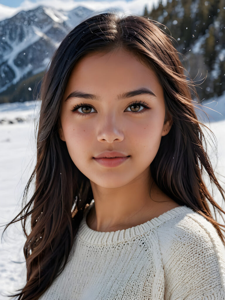 visualize a stunningly realistic photo: a young Indigenous teenage girl with flawlessly soft, glossy hair with subtle layering and vivid obsidian black straight hair framing her face. Her expression is seriously sensual with dramatically contrasting, full natural lips and a warm smile, with light brown eyes set against a broodingly atmospheric snow backdrop. Her features are captured in intense detail, with ombré shadow and highlights drawing the eye, she wears a white, finely knitted wool sweater that emphasizes her perfectly shaped body from a side view, capturing an unforgettably elegant upper body shot