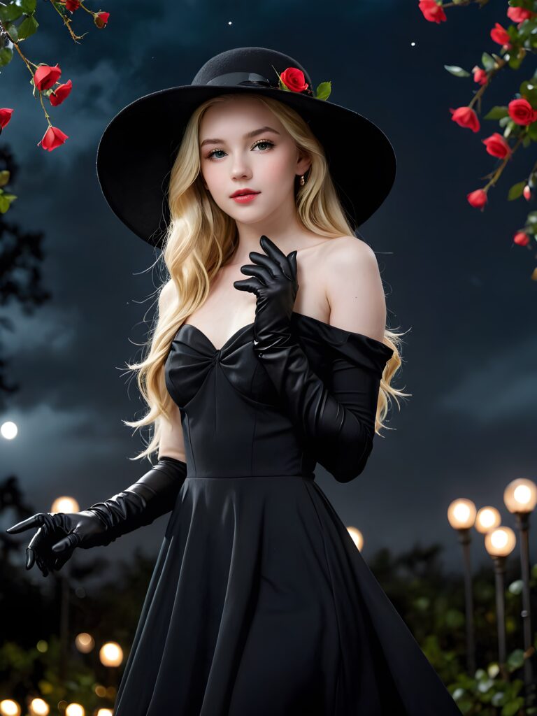 visualize an (((enchantingly beautiful teen girl))) with (((pale white skin))), dressed in a (((long, sleek black dress))), accessorizing with (((classic black gloves))), a flowing (((black hat))), and a halo of (((black rose petals))), emanating an ethereal glow under the (((softly illuminated night sky))), set against a (((distinctly dark backdrop of interwoven black roses)))