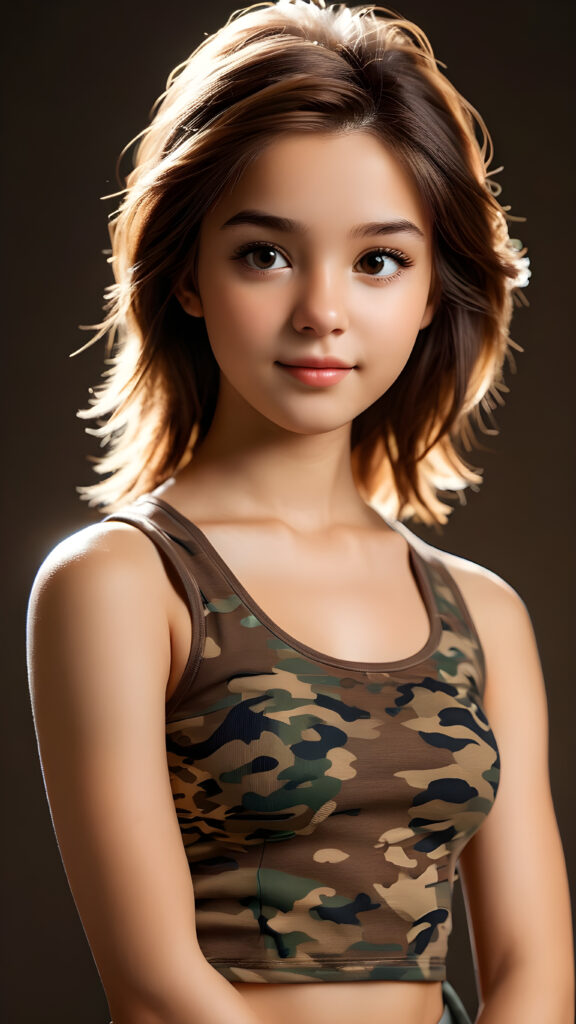 visualize an advanced and highly detailed advanced upper body portrait of a (((beautiful teenage girl, 17 years old, brown skinned))), featuring a wonderfully proportioned body that is captured in a (((super short camouflage-colored tank top))). Her hair is softly layered and cut in bangs, with long, straight strands that frame her face. Her eyes are a light amber color and her smile is warm and inviting. Sunlight hits her face in a flattering side profile, casting perfect shadows and highlights that draw attention to her toned physique. The backdrop is a dark environment, adding depth and contrast to this advanced illustration