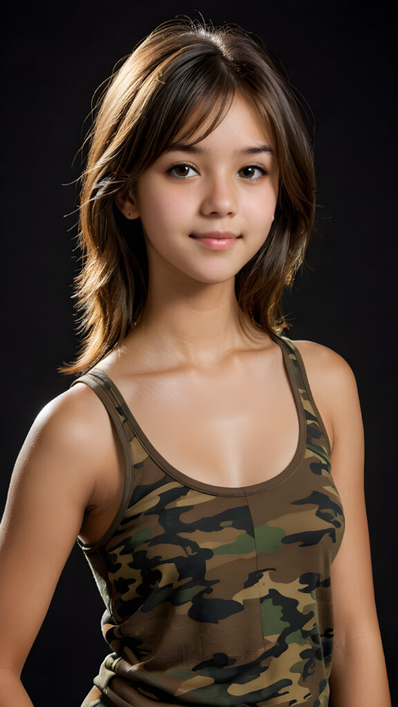 visualize an advanced and highly detailed advanced upper body portrait of a (((beautiful teenage girl, 17 years old, brown skinned))), featuring a wonderfully proportioned body that is captured in a (((super short camouflage-colored tank top))). Her hair is softly layered and cut in bangs, with long, straight strands that frame her face. Her eyes are a light amber color and her smile is warm and inviting. Sunlight hits her face in a flattering side profile, casting perfect shadows and highlights that draw attention to her toned physique. The backdrop is a dark environment, adding depth and contrast to this advanced illustration