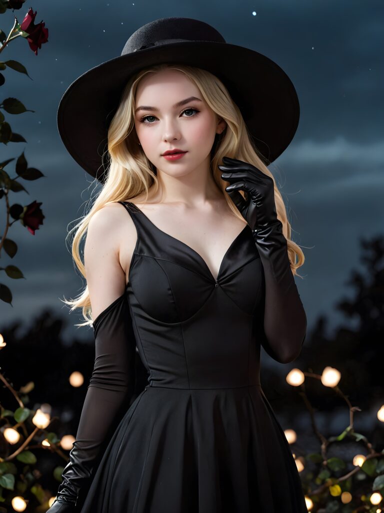 visualize an (((enchantingly beautiful teen girl))) with (((pale white skin))), dressed in a (((long, sleek black dress))), accessorizing with (((classic black gloves))), a flowing (((black hat))), and a halo of (((black rose petals))), emanating an ethereal glow under the (((softly illuminated night sky))), set against a (((distinctly dark backdrop of interwoven black roses)))