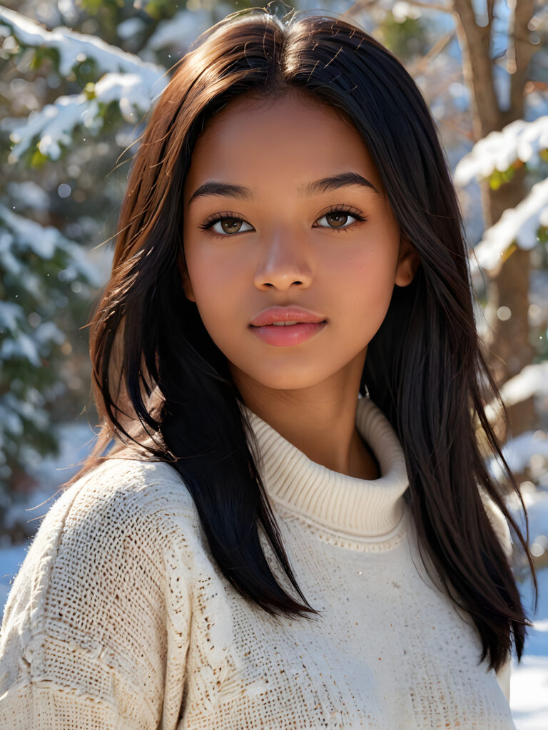 visualize a (((stunning young light brown-skinned Exotic teen girl with flawless, soft skin))) (glossy hair with subtle layering, (((vivid obsidian black soft straight hair)))), whose frame a (seriously sensual face) with (dramatically contrasting, full, (((natural lips)))), round face and a warm smile, the mouth slightly open with white teeth, (light brown eyes), set against a (broodingly atmospheric snow backdrop) for an unforgettable (upper body shot). Her features are captured in (intense detail), accentuated by the (ombré shadow and highlights) that draw the eye, ((she wears a white , finely knitted wool sweater that emphasizes her perfectly shaped body)), ((gorgeous)) ((side view))