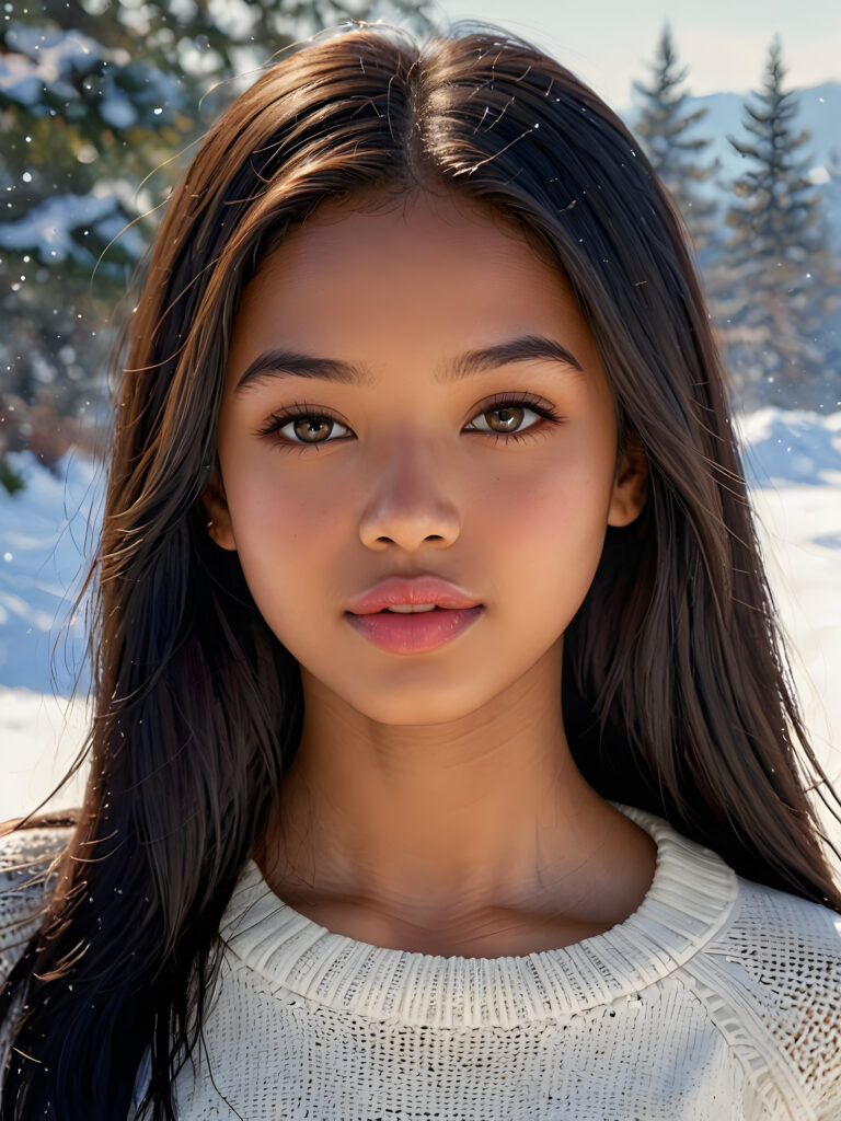 visualize a detailed and realistic photo: a (((stunning young light brown-skinned Exotic teen girl with flawless, soft skin))) (glossy hair with subtle layering, (((vivid obsidian black soft straight hair)))), whose frame a (seriously sensual face) with (dramatically contrasting, full, (((natural lips)))), round face and a warm smile, the mouth slightly open with white teeth, (light brown eyes), set against a (broodingly atmospheric snow backdrop) for an unforgettable (upper body shot). Her features are captured in (intense detail), accentuated by the (ombré shadow and highlights) that draw the eye, ((she wears a white , finely knitted wool sweater that emphasizes her perfectly shaped body)), ((gorgeous)) ((side view))