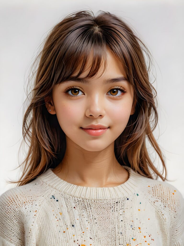 visualize a (((realistically detailed portrait))) of a (((softly beautiful young Exotic teen girl))), she looks seductively at the viewer, she smiles gently, perfect body, ((round face)), ((shiny amber eyes)) with exquisite, smooth skin and straight, soft length amber hair in bangs cut framing her face, full lips, ((she wears a sweater made of white wool)), against a (((gently contrasting white backdrop))) (((side view)))