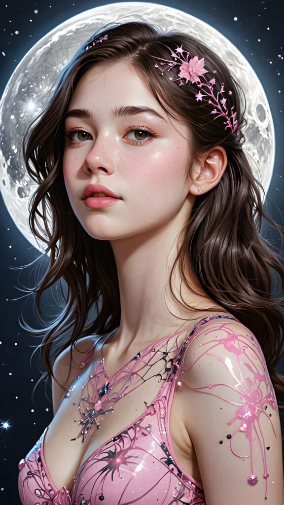 visualize an (((teen girl))), intricate details of pink veins that (((shimmer like celestial constellations))) against a (((moonlit sky))).