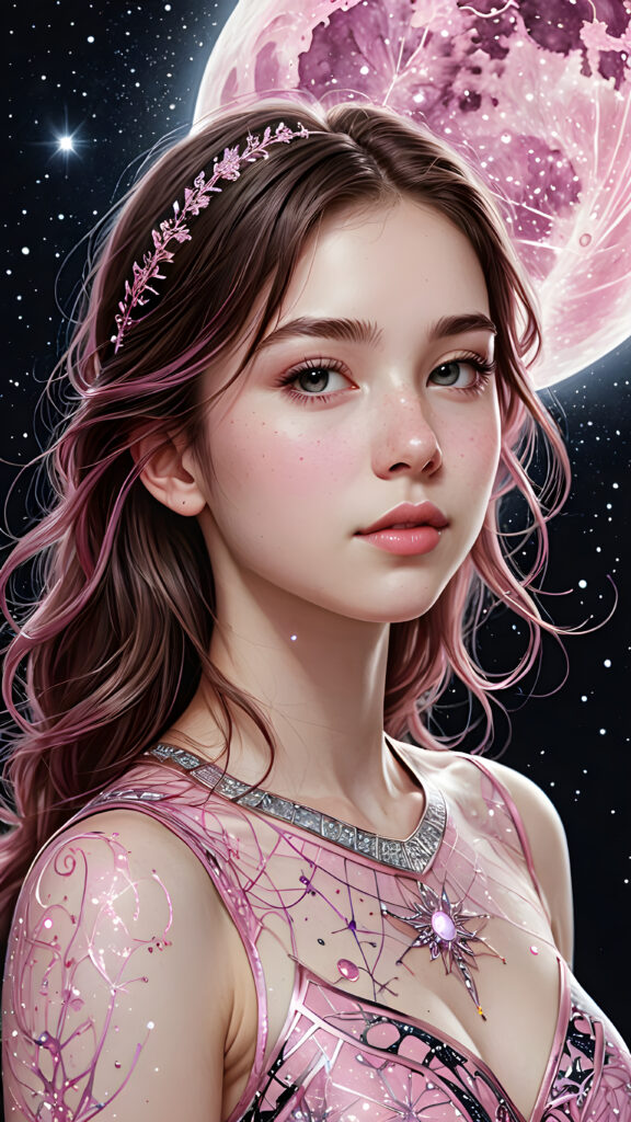 visualize an (((teen girl))), intricate details of pink veins that (((shimmer like celestial constellations))) against a (((moonlit sky))).