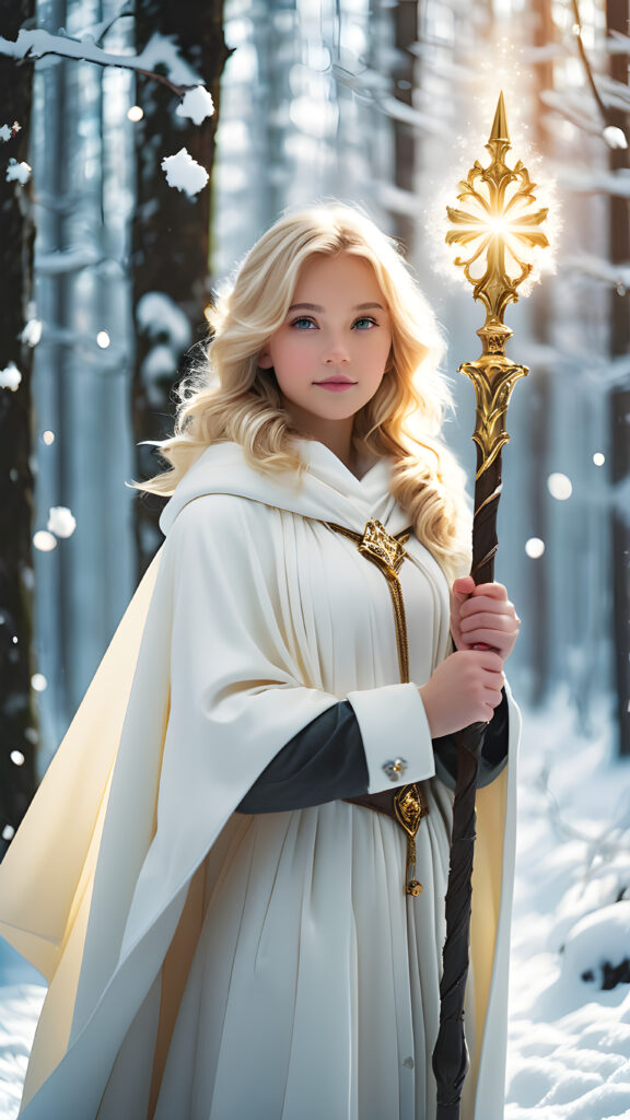 young and cute, enchanted teen girl with blonde hair, wears a magic white cloak, in a snow forest, full body shot, she holds a scepter in her hand