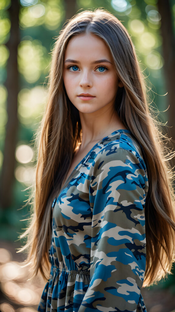 young girl, camouflage dress, straight flowing hair, blue eyes, ((perfect detailed photo))