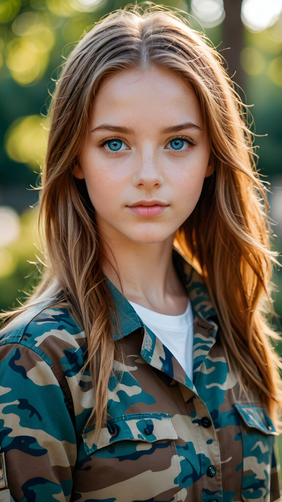 young girl, in camouflage shirt, blue eyes, straight amber hair, ((perfect detailed photo))