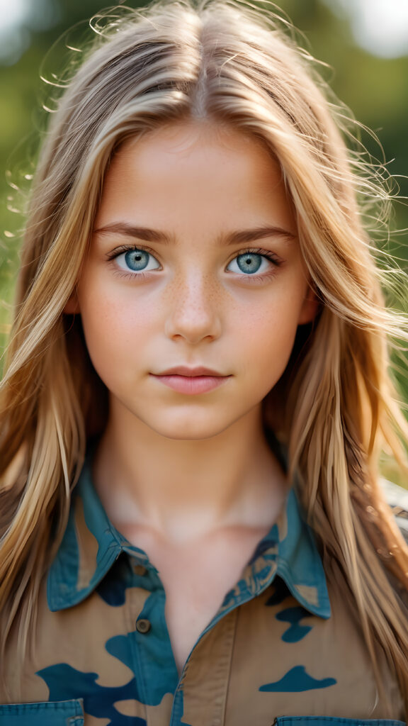 young girl, in camouflage shirt, blue eyes, straight amber hair, ((perfect detailed photo))