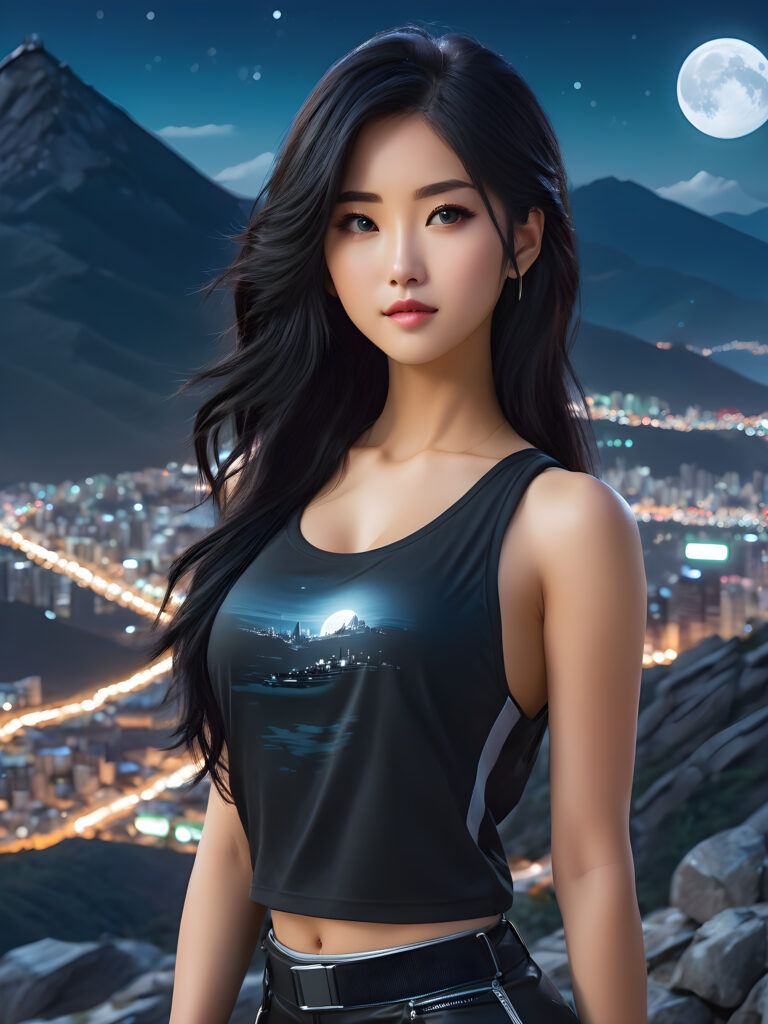 young, pretty Korean girl with long black hair and a short tank top stands on a mountain. A futuristic city can be seen in the background. It is night and the moonlight illuminates the picture a little.