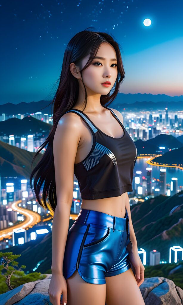 young, pretty Korean girl with long black hair and a short tank top stands on a mountain. A futuristic city can be seen in the background. It is night and the moonlight illuminates the picture a little.