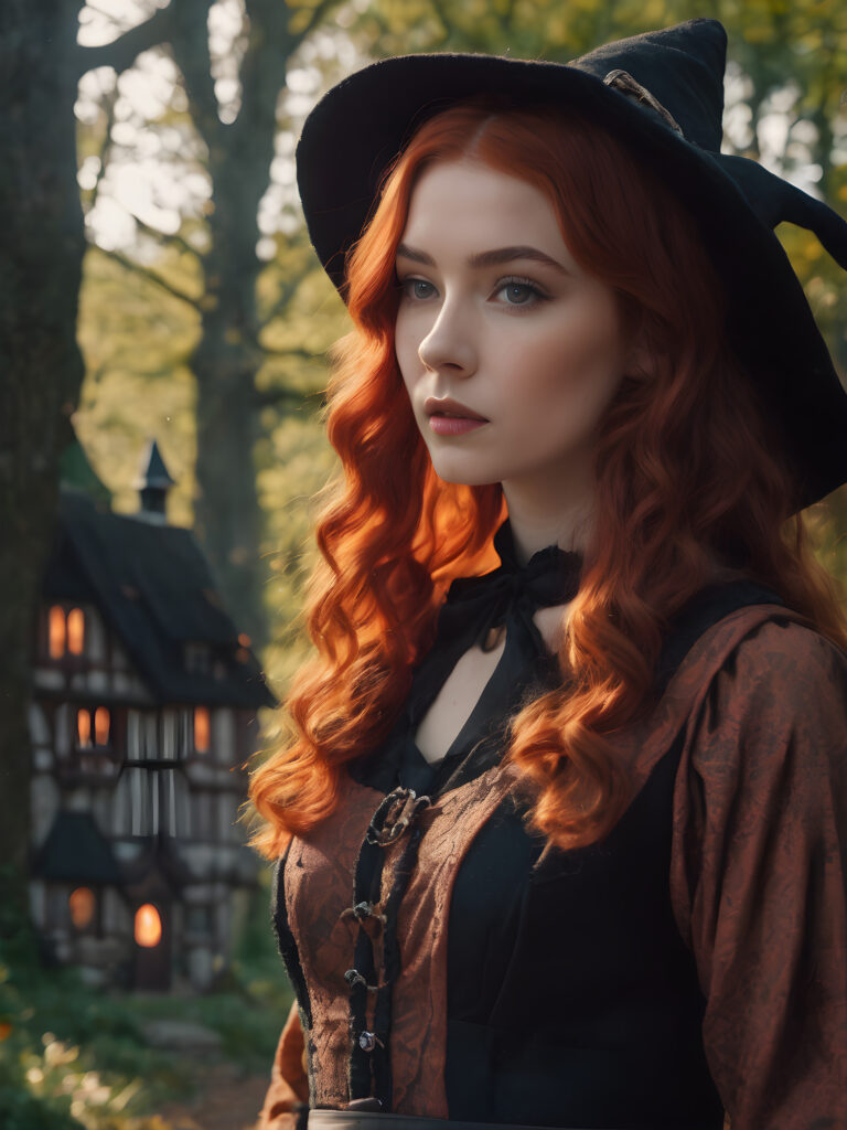 a (((young witch))) with red hair and captivating potion-making, set against a backdrop of a (((witch house))), its shapes and lines abstracted and softly illuminated in a (((gentle, inviting light))), as if emanating from a (close-up) shot, with highly detailed details that bring the scene to life