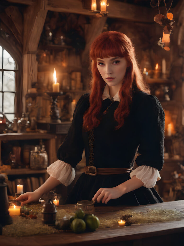 a (((young witch))) with red hair and captivating potion-making, set against a backdrop of a (((witch house))), its shapes and lines abstracted and softly illuminated in a (((gentle, inviting light))), as if emanating from a (close-up) shot, with highly detailed details that bring the scene to life